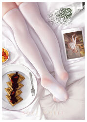 Rule 34 | 1girl, artist name, bigxixi, book, english text, feet, flower, food, foot focus, fork, highres, lying, no shoes, on bed, on stomach, open book, original, photo (object), pillow, plate, soles, solo, thighhighs, white flower, white thighhighs
