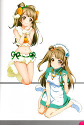 Rule 34 | 10s, 1girl, absurdres, animal costume, animal ears, bell, blush, bow, brown eyes, brown hair, hair bow, hat, highres, horns, long hair, looking at viewer, love live!, love live! school idol festival, love live! school idol project, midriff, minami kotori, multiple views, non-web source, nurse cap, official art, own hands together, scan, sheep costume, sheep ears, sheep horns, shoes, short sleeves, simple background, sitting, smile, stethoscope, white background