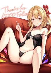 Rule 34 | 1girl, babydoll, bare legs, black panties, blonde hair, blush, breasts, cameltoe, closed mouth, commentary request, couch, english text, fang, fang out, feet out of frame, flandre scarlet, hair ribbon, hand up, highres, kashiwagi yamine, long hair, looking at viewer, milestone celebration, navel, on couch, one side up, panties, red eyes, red ribbon, ribbon, sitting, small breasts, smile, solo, spaghetti strap, spread legs, stomach, strap slip, touhou, underwear, wings