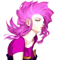 Rule 34 | 1girl, floating hair, green eyes, highres, jojo no kimyou na bouken, looking at viewer, medium hair, parted lips, pink hair, profile, purin (iddunpg), purple shirt, shadow, shirt, short sleeves, simple background, solo, trish una, upper body, vento aureo, white background