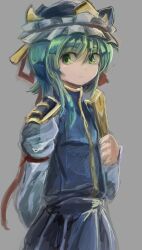 Rule 34 | 1girl, arm behind back, armband, asymmetrical hair, black hat, blue vest, closed mouth, commentary request, cowboy shot, epaulettes, expressionless, flat chest, frilled hat, frills, green eyes, green hair, grey background, hair between eyes, hat, highres, holding, long bangs, long sleeves, looking at viewer, medium hair, rod of remorse, sensi tobikage, shiki eiki, shirt, simple background, solo, touhou, vest, white shirt