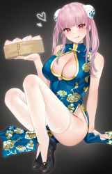 Rule 34 | 1girl, :q, bamboo steamer, baozi, bare arms, bare shoulders, bekotarou, black footwear, blue dress, breasts, bun cover, china dress, chinese clothes, cleavage, cleavage cutout, closed mouth, clothing cutout, dress, flats, food, gold trim, hand up, highres, holding, knees up, large breasts, long hair, looking at viewer, no panties, original, pelvic curtain, pink hair, red eyes, sleeveless, sleeveless dress, smile, solo, thighhighs, thighs, tongue, tongue out, twintails, white thighhighs