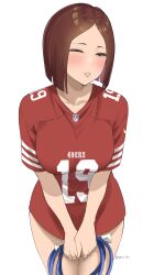 Rule 34 | 1girl, absurdres, american football, american football uniform, breasts, brown eyes, brown hair, byeon dha, deebo samuel, highres, holding, jersey, leaning forward, medium breasts, national football league, one eye closed, san francisco 49ers, short hair, simple background, solo, sportswear, standing, the king of fighters, twitter username, v arms, whip (kof), white background