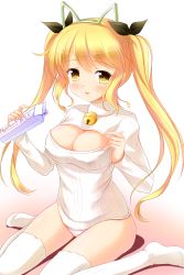 Rule 34 | 1girl, :p, animal ears, bell, blonde hair, blush, breasts, cleavage, covered erect nipples, fake animal ears, hair ribbon, highres, holding, large breasts, long hair, long sleeves, meme attire, milk carton, open-chest sweater, original, panties, ribbed sweater, ribbon, sitting, solo, sweater, thighhighs, tongue, tongue out, twintails, underwear, wariza, white panties, white thighhighs, yagami-all hail nanao