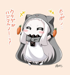 Rule 34 | +++, 1girl, :3, ^ ^, abyssal ship, blush stickers, carrot, cloak, closed eyes, colored skin, covered mouth, dress, closed eyes, himouto! umaru-chan, holding, hood, hooded cloak, horns, kantai collection, long hair, looking at viewer, mittens, northern ocean princess, outstretched arms, parody, sidelocks, signature, solo, spread arms, translation request, very long hair, white dress, white hair, white skin, yamato nadeshiko