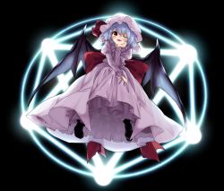 Rule 34 | 1girl, arm support, bat wings, black background, black footwear, blue hair, head rest, dress, fangs, full body, hat, hat ribbon, highres, long sleeves, mob cap, one eye closed, petticoat, pink dress, red eyes, red ribbon, remilia scarlet, ribbon, shoes, smile, solo, touhou, waira, wings