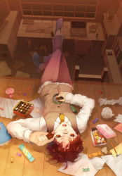 Rule 34 | :o, androgynous, bad id, bad pixiv id, book, box, brown eyes, brown hair, candy, chocolate, computer, cup, curly hair, desk, dress shirt, floor, food, gender request, glasses, highres, holding, keyboard (computer), ladder, laptop, lollipop, lying, necktie, notebook, on back, open mouth, original, paper, pencil, plant, potted plant, shirt, short hair, solo, star (symbol), stick, swirl lollipop, tablet, takeda mika, television, trash can, upside-down, usb, waistcoat, window, wrapper