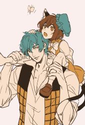 Rule 34 | 1boy, 1girl, animal ears, bow, bowtie, brown footwear, brown hair, bug, butterfly, carrying, cat ears, cat tail, chen, chikage (kinokodou), fang, genderswap, genderswap (ftm), green hair, green headwear, hat, bug, kazami yuuka, leg grab, loafers, mob cap, multiple tails, open mouth, red eyes, red skirt, red vest, shirt, shoes, shoulder carry, simple background, skirt, socks, tail, touhou, two tails, vest, white legwear, white shirt