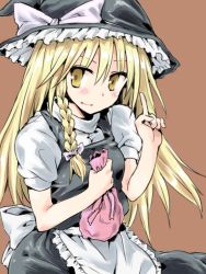 Rule 34 | 1girl, aky (seiga15395737), apron, bag, black hat, black skirt, black vest, blonde hair, blouse, blush, bow, braid, brown background, closed mouth, commentary request, cookie (touhou), cowboy shot, eyes visible through hair, hair between eyes, hat, hat bow, holding, holding bag, kirisame marisa, long hair, looking to the side, pink bow, puffy short sleeves, puffy sleeves, purple bow, shirt, short sleeves, side braid, simple background, single braid, skirt, smile, solo, touhou, uzuki (cookie), vest, waist apron, white apron, white bow, white shirt, witch hat, yellow eyes