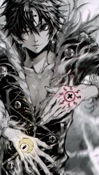 Rule 34 | 1boy, blurry, blurry background, buttons, chrollo lucilfer, coat, collarbone, crescent, cross tattoo, earrings, facial mark, forehead mark, forehead tattoo, fur-trimmed coat, fur-trimmed sleeves, fur trim, hand tattoo, hands up, highres, hunter x hunter, jewelry, kana129, long sleeves, looking at viewer, male focus, monochrome, one eye closed, parted lips, pectoral cleavage, pectorals, short hair, signature, smirk, solo, spot color, sun symbol, tattoo, upper body