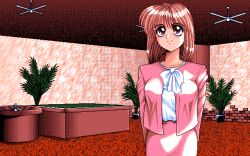 Rule 34 | 1990s (style), 1girl, ace (playing card), ace of spades, ace of spades (game), ascot, blush, brown eyes, brown hair, card, casino, ceiling, ceiling light, game cg, jacket, long sleeves, looking up, love gun, pc98, pink jacket, pink skirt, plant, playing card, potted plant, retro artstyle, rina (ace of spades), roulette table, shirt, short hair, skirt, smile, spade (shape), standing, table, uniform, white ascot, white shirt