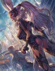 Rule 34 | 1boy, 1girl, aircraft, airship, animal ears, arina nary, armor, ass, back cutout, balflear, blue sky, breasts, brown eyes, building, city, cleavage, clothing cutout, dark-skinned female, dark skin, final fantasy, final fantasy xii, fran (ff12), from behind, from below, gun, hand on own hip, light particles, long hair, looking back, medium breasts, over shoulder, ponytail, rabbit ears, rifle, serious, shiny skin, sideboob, silver hair, skindentation, sky, solo focus, standing, thighhighs, very long hair, viera, weapon, weapon over shoulder