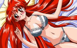 Rule 34 | 1girl, akira (viper), animated, animated gif, bed, bed sheet, big hair, blush, bra, breasts, cleavage, game cg, large breasts, lingerie, long hair, lying, navel, official art, on back, on bed, panties, parted lips, pillow, red eyes, red hair, solo, underwear, underwear only, very long hair, viper, viper gt1, viper v16