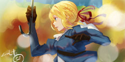 Rule 34 | 1girl, absurdres, blonde hair, blue dress, blue eyes, blurry, blurry background, bokeh, braid, brown gloves, commentary, depth of field, dress, french braid, from side, gloves, hair bun, hair ribbon, highres, nicporim, parted lips, red ribbon, ribbon, single hair bun, solo, upper body, violet evergarden, violet evergarden (series)