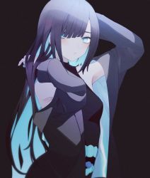Rule 34 | 1girl, black background, black dress, blue eyes, blue hair, borrowed character, breasts, closed mouth, coat, colored inner hair, copyright request, dress, highres, long hair, long sleeves, looking at viewer, medium breasts, migihidari (puwako), multicolored hair, open clothes, open coat, purple hair, simple background, solo, upper body