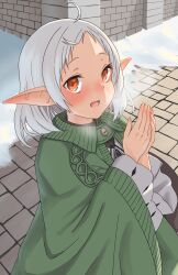 Rule 34 | 1girl, ahoge, breath, brick floor, brick wall, cable knit, capelet, dress, elf, green capelet, highres, medium hair, mushoku tensei, open mouth, outdoors, own hands together, pointy ears, red eyes, snow, solo, syagare, sylphiette (mushoku tensei), white dress, white hair