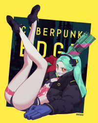 Rule 34 | 1girl, black panties, breasts, colored sclera, cyberpunk (series), cyberpunk edgerunners, cyborg, green eyes, green hair, gun, highres, holding, holding gun, holding weapon, jacket, jiro (ninetysix), leg tattoo, legs up, mechanical hands, open clothes, open jacket, oversized forearms, oversized limbs, panties, pink tattoo, rebecca (cyberpunk), red pupils, red sclera, small breasts, smile, solo, stomach tattoo, tattoo, twintails, underwear, weapon
