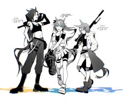 Rule 34 | 3girls, air shakur (umamusume), alternate costume, animal ears, arm belt, arm tattoo, belt, blue eyes, boots, camisole, carrying over shoulder, chromatic aberration, closed mouth, coat, elbow gloves, gatling gun, gloves, greyscale, grin, gun, hand in pocket, highres, holding, holding gun, holding weapon, holster, hood, hooded coat, horse ears, horse girl, horse tail, kneepits, long hair, long sleeves, looking at viewer, midriff, minigun, monochrome, multicolored hair, multiple girls, narita taishin (umamusume), navel, open clothes, open coat, open mouth, pants, ponytail, rifle, rokumijio maru, short hair, short shorts, shorts, single glove, skirt, smile, sniper rifle, spot color, streaked hair, tail, tank top, tattoo, thigh holster, tokai teio (umamusume), umamusume, vest, weapon, yellow eyes