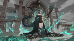 Rule 34 | 1girl, absurdres, ambience synesthesia, aqua feathers, aqua wings, arknights, black dress, black footwear, black wings, breasts, building, cleavage, cloud, cloudy sky, cola-alter, commentary request, cross-laced footwear, dress, full body, gradient wings, green eyes, grey hair, grey sky, hand up, head wings, high heels, highres, ho&#039;olheyak (arknights), ho&#039;olheyak (carriage of the winds of time) (arknights), holding, holding staff, large breasts, looking at viewer, multicolored wings, open mouth, pillar, short hair, sky, smile, snake tail, solo, staff, standing, strapless, strapless dress, tail, thighs, two-tone wings, very long tail, wings
