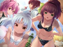 Rule 34 | 5girls, angel beats!, bent over, bikini, bikini top only, black bikini, black hairband, black one-piece swimsuit, black school swimsuit, blonde hair, bottle, bow, breasts, brown eyes, brown hair, cleavage, collarbone, floating hair, green bow, green eyes, groin, hair bow, hairband, hands on own hips, high ponytail, holding, holding bottle, holding towel, hood, hood down, hooded jacket, iwasawa masami, jacket, long hair, looking at viewer, medium breasts, microphone, multiple girls, navel, one-piece swimsuit, open clothes, open jacket, open mouth, parasol, pink hair, red eyes, school swimsuit, silver hair, small breasts, swimsuit, tagame (tagamecat), tenshi (angel beats!), towel, two side up, umbrella, very long hair, white bikini, white jacket, yui (angel beats!), nakamura yuri, yusa (angel beats!), zipper