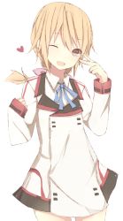 Rule 34 | 10s, 1girl, ;d, bad id, bad pixiv id, blonde hair, blush, charlotte dunois, female focus, heart, infinite stratos, long hair, meet neet, one eye closed, open mouth, ponytail, ribbon, school uniform, simple background, smile, solo, uniform, v, white background, wink