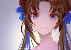 Rule 34 | 1girl, blue eyes, brown hair, close-up, eye focus, highres, looking at viewer, portrait, ribbon, shan lan, smile, solo, twintails, upper body, white background, xianjian qixia zhuan, zhao linger