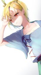 Rule 34 | 1girl, antlers, arm up, blonde hair, bloom, blue shirt, collarbone, dragon horns, flat chest, highres, horns, kicchou yachie, nnyara, parted lips, red eyes, shirt, short hair, short sleeves, sidelighting, simple background, solo, touhou, white background