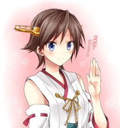 Rule 34 | 10s, 1girl, bare shoulders, blue eyes, brown hair, close-up, detached sleeves, flipped hair, hairband, headgear, hiei (kancolle), hiei kai ni (kancolle), japanese clothes, jewelry, kantai collection, kubyou azami, nontraditional miko, ring, short hair, smile, solo, upper body, wedding band