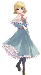 Rule 34 | 1girl, alice margatroid, aoi (annbi), blonde hair, blue dress, blue eyes, blush, boots, brown footwear, capelet, closed mouth, dress, frilled capelet, frilled dress, frills, full body, hairband, highres, knee boots, lolita hairband, long sleeves, short hair, simple background, smile, solo, touhou, white background, white capelet