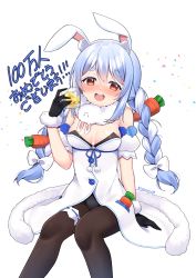 Rule 34 | 1girl, :d, alcohol, animal ear fluff, animal ears, artist name, bare shoulders, black gloves, black leotard, black pantyhose, blue hair, blue ribbon, blush, bow, braid, breasts, bridal garter, carrot hair ornament, cleavage, commentary request, confetti, cup, detached sleeves, don-chan (usada pekora), dress, drunk, feet out of frame, food-themed hair ornament, fur trim, gloves, hair between eyes, hair bow, hair ornament, highres, holding, holding cup, hololive, leotard, long hair, looking at viewer, medium breasts, milestone celebration, mixed-language commentary, multicolored hair, nose blush, open mouth, orange eyes, pantyhose, pom pom (clothes), puffy short sleeves, puffy sleeves, rabbit-shaped pupils, rabbit ears, rabbit girl, ribbon, sasha chii, short sleeves, sidelocks, simple background, sitting, smile, solo, symbol-shaped pupils, teeth, translation request, twin braids, twintails, two-tone hair, upper teeth only, usada pekora, usada pekora (1st costume), very long hair, virtual youtuber, white background, white bow, white dress, white hair