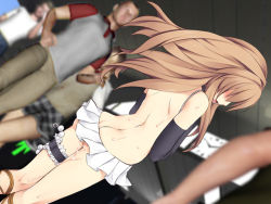 Rule 34 | 1girl, 3d background, aisaka taiga, anal beads, ass, back, bare back, black gloves, blurry, blush, brown hair, butt crack, choker, covering privates, covering breasts, crowd, depth of field, dutch angle, elbow gloves, embarrassed, exhibitionism, from behind, gloves, hair over eyes, himuro kouichi, kneepits, bridal garter, long hair, microskirt, multiple boys, no panties, open mouth, outdoors, pleated skirt, public indecency, pussy juice, sex toy, skirt, solo focus, sweat, thigh strap, thighs, toradora!