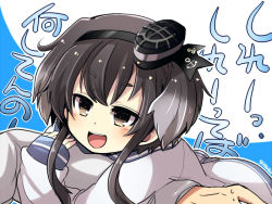 Rule 34 | 10s, 1girl, admiral (kancolle), arm hug, bad id, bad pixiv id, black hair, brown eyes, gradient hair, hairband, hat, kantai collection, kuro yuzu, multicolored hair, open mouth, short eyebrows, silver hair, sleeves past wrists, solo focus, sweatdrop, tokitsukaze (kancolle), translated