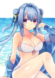 Rule 34 | 1girl, arm support, bare shoulders, bikini, blue bow, blue hair, blue jacket, blush, bow, breasts, cleavage, closed mouth, collarbone, double bun, ebihara beniko, feet out of frame, front-tie bikini top, front-tie top, hair between eyes, hair bow, hair bun, hair intakes, halterneck, hand up, highres, jacket, knee up, long hair, long sleeves, medium breasts, off shoulder, open clothes, open jacket, original, red eyes, sidelocks, sitting, solo, swimsuit, twintails, very long hair, water, white bikini, yellow bow