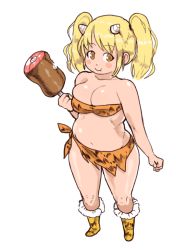Rule 34 | 1girl, animal print, blonde hair, blush stickers, boned meat, boots, breasts, caveman, cleavage, food, fur-trimmed boots, fur trim, horns, inkerton-kun, large breasts, loincloth, meat, midriff, nitroplus, orange hair, plump, short twintails, smile, solo, super pochaco, thick thighs, thighs, torn clothes, twintails