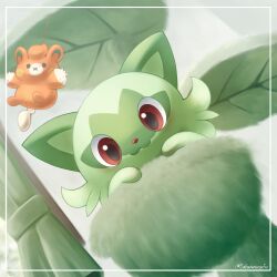 Rule 34 | :3, creatures (company), curtains, facing viewer, game freak, green fur, hands up, highres, indoors, leaf, looking at viewer, nintendo, no humans, pawmi, pet bed, pokemon, pokemon (creature), red eyes, sasabunecafe, smile, sprigatito, stuffed toy, twitter username