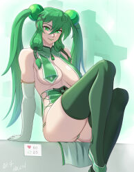 Rule 34 | 1girl, absurdres, alternate hairstyle, breast curtains, breasts, chinese clothes, commentary, cross-laced clothes, detached collar, elbow gloves, english commentary, eyeshadow, flats, genderswap, genderswap (mtf), gloves, green eyes, green eyeshadow, green footwear, green gloves, green hair, green lips, green panties, green theme, green thighhighs, hair ornament, highres, large breasts, league of legends, legs together, long hair, looking at viewer, makeup, meme, panties, personification, revealing clothes, side-tie panties, sidelocks, sitting, smile, solo, thighhighs, thresh (league of legends), twintails, twitter strip game (meme), underwear, vilde loh hocen, x hair ornament