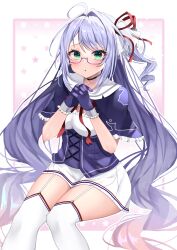 Rule 34 | 1girl, absurdres, ahoge, azur lane, blush, capelet, choker, commission, cross, cross choker, cross earrings, dress, drill hair, earrings, frilled capelet, frills, garter straps, glasses, gloves, green eyes, hair intakes, hair ribbon, highres, jewelry, l&#039;opiniatre (azur lane), long hair, looking at viewer, own hands clasped, own hands together, parted lips, pixiv commission, purple gloves, purple hair, ribbon, semi-rimless eyewear, short dress, sino rameko, sitting, solo, thighhighs, thighs, twin drills, twintails, white thighhighs