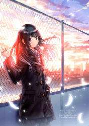 Rule 34 | 1girl, artist name, black hair, chain-link fence, cloud, coat, feathers, fence, hand in pocket, kazuharu kina, long hair, long sleeves, looking at viewer, original, outdoors, purple eyes, romaji text, sky, solo, sunset, watermark, web address, winter clothes, winter coat