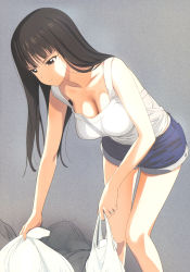Rule 34 | 1girl, a1 (initial-g), absurdres, bare shoulders, black hair, blush, breasts, brown eyes, closed mouth, collarbone, denim, denim shorts, feet out of frame, girls und panzer, grey background, highres, jewelry, large breasts, long hair, mature female, nishizumi shiho, no bra, ring, shirt, shorts, simple background, solo, standing, trash bag, wedding band, white shirt