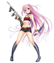 Rule 34 | 1girl, :3, alternate costume, bare legs, bare shoulders, boots, breasts, cleavage, collar, collarbone, demon girl, felicia (taimanin kurenai), female focus, fingernails, full body, highres, holding, holding knife, holding weapon, knife, lilith-soft, long hair, looking at viewer, micro shorts, navel, official alternate costume, official art, pantyhose, pink hair, pointy ears, red eyes, shiny skin, short shorts, shorts, small breasts, smile, standing, taimanin (series), taimanin kurenai, taimanin rpgx, thighs, two side up, very long hair, weapon, white background, wide hips, zol
