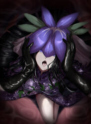 Rule 34 | 1girl, absurdres, black gloves, black hair, china dress, chinese clothes, covered eyes, dress, flower, flower on head, gloves, hands on own head, highres, kneeling, lipstick, long hair, looking at viewer, makeup, open mouth, purple dress, purple eyes, solo, tongue, tongue out, touhou, very long hair, vine print, yama kabosu, yomotsu hisami