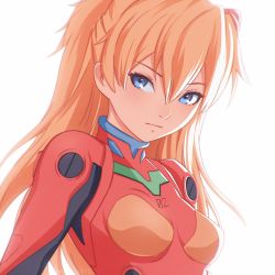 Rule 34 | 1girl, artist name, blue eyes, bodysuit, breasts, closed mouth, commentary request, eyelashes, hair between eyes, long hair, looking at viewer, miura-n315, neon genesis evangelion, orange hair, plugsuit, portrait, red bodysuit, serious, simple background, small breasts, solo, souryuu asuka langley, upper body, white background
