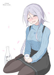 Rule 34 | 1girl, absurdres, black sailor collar, black skirt, blue sweater, bottle, braid, closed eyes, commentary request, glass, hair tie, highres, kantai collection, long hair, looking at viewer, official alternate costume, parted bangs, saburou hiji, sailor collar, sake bottle, silver hair, simple background, single braid, sitting, skirt, solo, suspender skirt, suspenders, sweater, umikaze (kancolle), very long hair, white background, yokozuwari