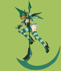 Rule 34 | 1girl, 2020, akatsuki kirika, armor, ass, backless outfit, blonde hair, breasts, elbow gloves, floating, full body, gloves, green background, green eyes, green hat, green theme, green thighhighs, hat, high heels, highres, holding, holding scythe, holding weapon, hong doo, leotard, looking at viewer, miniskirt, open mouth, pleated skirt, scythe, senki zesshou symphogear, short hair, shoulder armor, sideboob, skirt, solo, striped clothes, striped thighhighs, teeth, thighhighs, thighs, upper teeth only, weapon, witch hat, zettai ryouiki