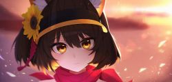 Rule 34 | 1girl, animal ear fluff, animal ears, bare shoulders, black hair, blue archive, blurry, blurry background, brown eyes, brown hat, closed mouth, commentary, depth of field, flower, fox ears, hair between eyes, hair flower, hair ornament, hat, highres, izuna (blue archive), izuna (swimsuit) (blue archive), kyudong., looking at viewer, portrait, solo, sunflower, visor cap, wet, wet hair, yellow flower