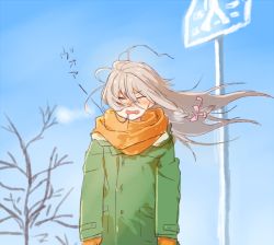 Rule 34 | 1girl, a ichi, ahoge, blush, bow, braid, buttons, coat, day, closed eyes, gloves, green coat, hair bow, hair in own mouth, hood, hood down, hooded coat, hoshi syoko, idolmaster, idolmaster cinderella girls, long hair, long sleeves, nose blush, open mouth, orange gloves, orange scarf, outdoors, scarf, side braid, sign, single braid, snot, solo, tree, wince, wind, winter, winter clothes