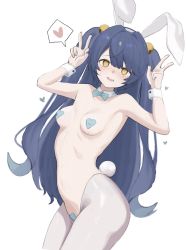 Rule 34 | 1girl, @ @, amamiya kokoro, animal ears, armpits, bell, blue bow, blue hair, blush, bow, bowtie, breasts, covered erect nipples, cowboy shot, detached collar, double w, hair bell, hair between eyes, hair ornament, hairband, heart, heart maebari, heart pasties, highres, jingle bell, long hair, looking at viewer, maebari, meme attire, navel, new sankin nyu, nijisanji, nose blush, nude, pantyhose, pasties, rabbit ears, rabbit tail, reverse bunnysuit, reverse outfit, simple background, small breasts, solo, spoken heart, stomach, sweatdrop, tail, tearing up, two side up, very long hair, virtual youtuber, w, white background, white hairband, white pantyhose, wrist cuffs, yellow eyes