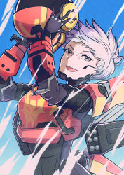 Rule 34 | 1girl, animification, apex legends, armor, birthright valkyrie, black gloves, fangs, floating hair, fujiwara echi, gloves, grey hair, head tilt, unworn headwear, helmet, unworn helmet, highres, holding, holding helmet, jetpack, looking at viewer, mechanical wings, missile pod, open mouth, science fiction, short hair, sky, smile, solo, upper body, valkyrie (apex legends), wings