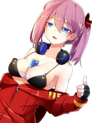 Rule 34 | 1girl, :d, bare shoulders, between breasts, bikini, bikini top only, black bikini, black gloves, blue eyes, bow, braid, breasts, cleavage, collarbone, commentary request, drawstring, fingerless gloves, gloves, hair between eyes, hair bow, headphones, headphones around neck, highres, jacket, khibiki, long sleeves, medium breasts, off shoulder, open mouth, original, purple hair, red bow, red bull, red jacket, simple background, smile, solo, swimsuit, thumbs up, upper body, white background