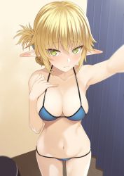 Rule 34 | 1girl, absurdres, aegis (takunomi), arm up, armpits, bare arms, bare shoulders, bikini, blonde hair, blue bikini, blurry, blush, bow, breasts, cleavage, closed mouth, collarbone, cowboy shot, curtains, depth of field, elf, embarrassed, enjo kouhai, eyes visible through hair, fitting room, folded ponytail, from above, green eyes, groin, hair between eyes, hair bow, hand on own chest, highres, indoors, large breasts, looking at viewer, lowleg, lowleg bikini, navel, official art, pointy ears, selfie, shy, side ponytail, sidelocks, solo, standing, stomach, swimsuit, takunomi, wavy mouth